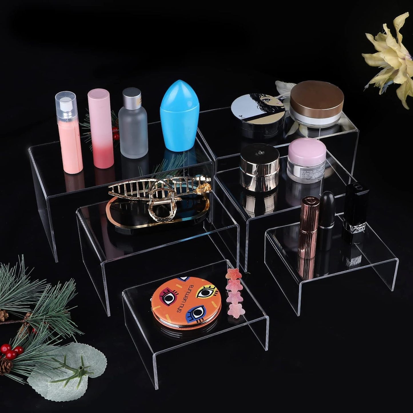 Tris di Alzatine in Plexiglass Trasparente | Espositori a scaletta per Buffet, Dessert, Cupcake ed Allestimenti | Alzate sfalsate per Esposizione Cosmetici, vetrine, tavolo torta