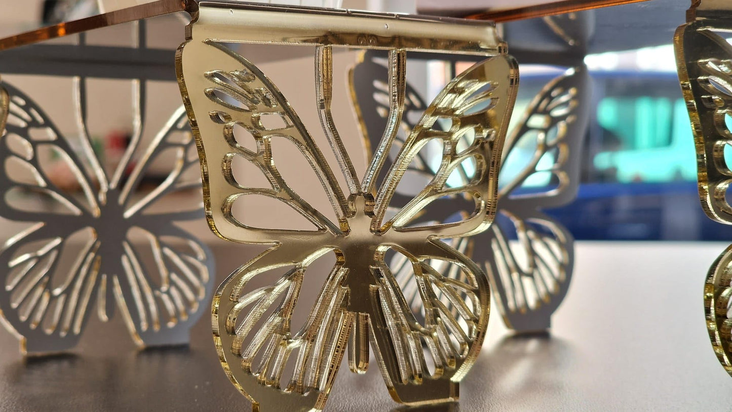 Set di 3 Alzatine Decorative con Farfalle, Base in Plexiglass Dorato o Trasparente, per Catering ed Esposizione | Alzate Originali per Eventi, Wedding, Comunione (Oro Specchiato)