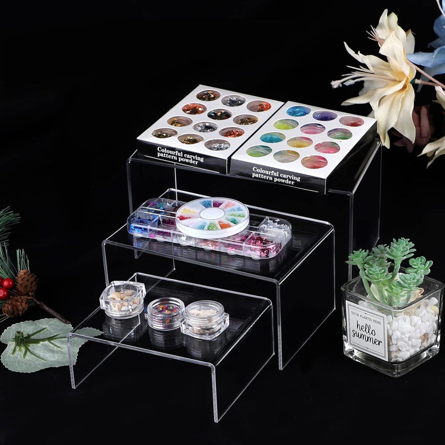Tris di Alzatine in Plexiglass Trasparente | Espositori a scaletta per Buffet, Dessert, Cupcake ed Allestimenti | Alzate sfalsate per Esposizione Cosmetici, vetrine, tavolo torta