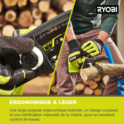 Ryobi - Potatura a mano 18 V ONE+ - Brushless/motore senza carboni, guida 10 cm, 6 m/s, tenditrice senza attrezzi - Piccola potatura, collegamento regolare e domestica - senza batteria