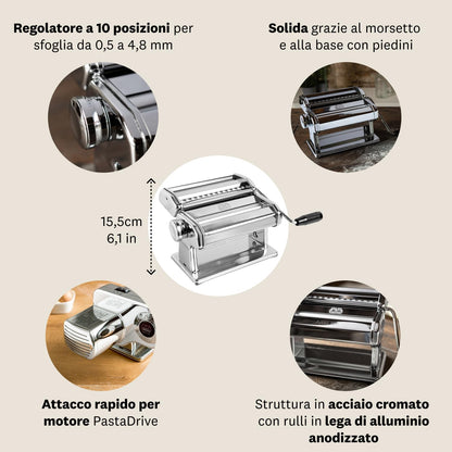 Marcato, Atlas 180, Pasta Maker,Macchina per la Pasta, Sfogliatrice per Pasta Fresca, in Acciaio Cromato, per Lasagne, Fettuccine, Tagliolini, Made in Italy