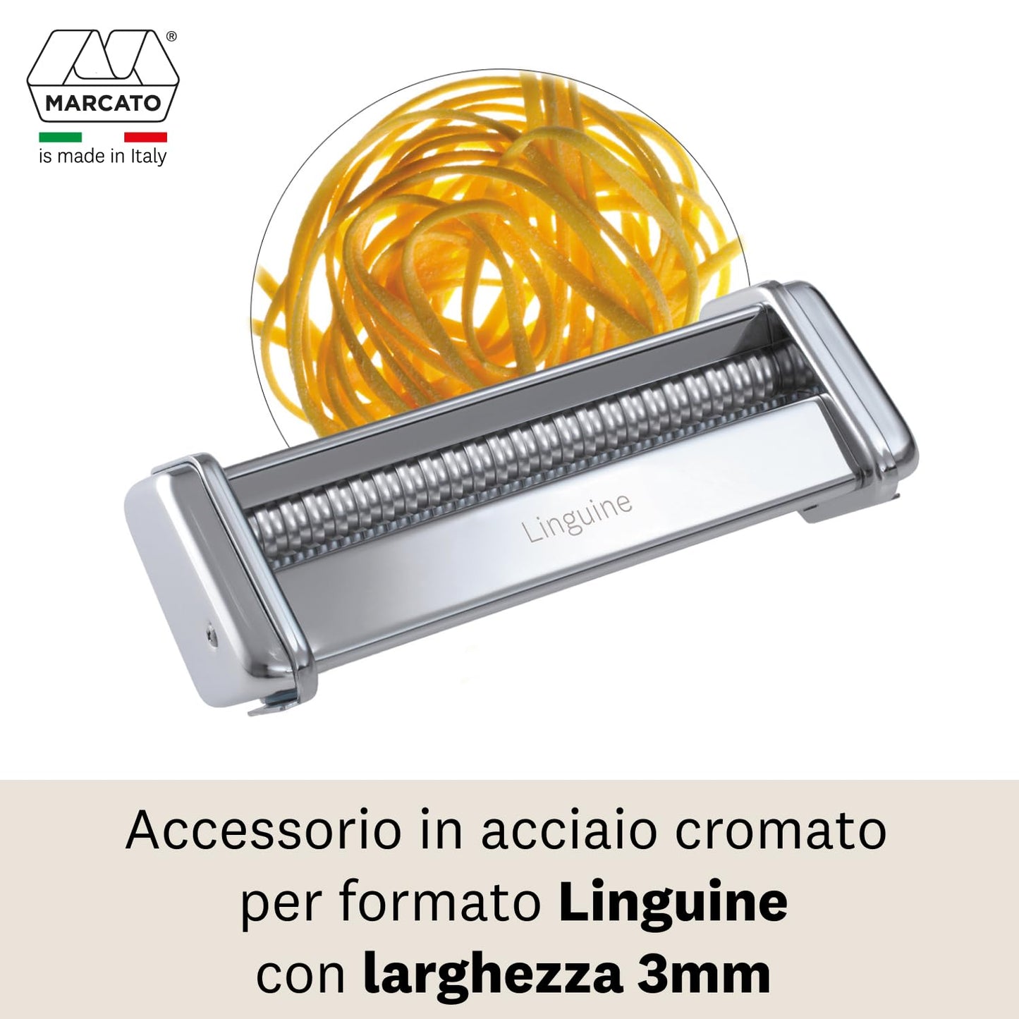 Marcato Accessorio Macchina per la Pasta, per Linguine, Taglio da 3 mm, in Acciaio Cromato, Compatibile con Atlas 150 e Atlasmotor, Accessorio da Cucina Tagliapasta. Formato: Linguine