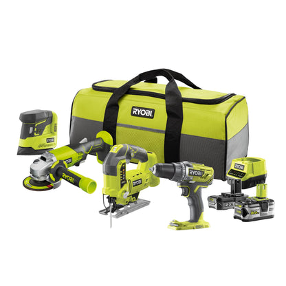 RYOBI - Set di attrezzi da 4 pezzi: trapano + seghetto a pendolo + smerigliatrice angolare 115 mm + smerigliatrice + 1 batteria da 2,0 Ah + 1 batteria da 5,0 Ah + 1 caricatore rapido - Consegna in