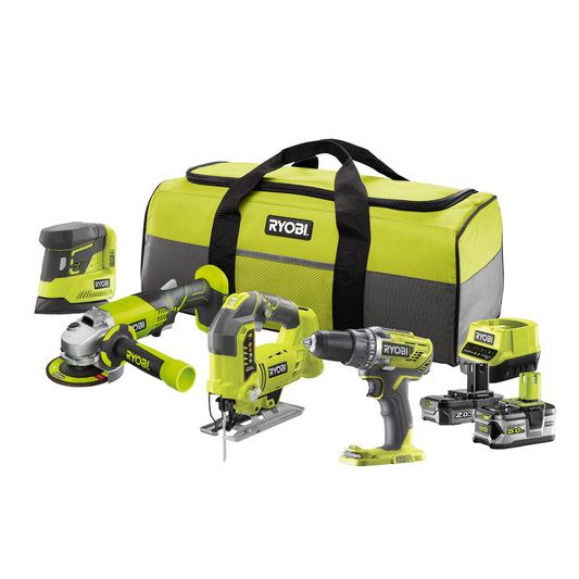 RYOBI - Set di attrezzi da 4 pezzi: trapano + seghetto a pendolo + smerigliatrice angolare 115 mm + smerigliatrice + 1 batteria da 2,0 Ah + 1 batteria da 5,0 Ah + 1 caricatore rapido - Consegna in