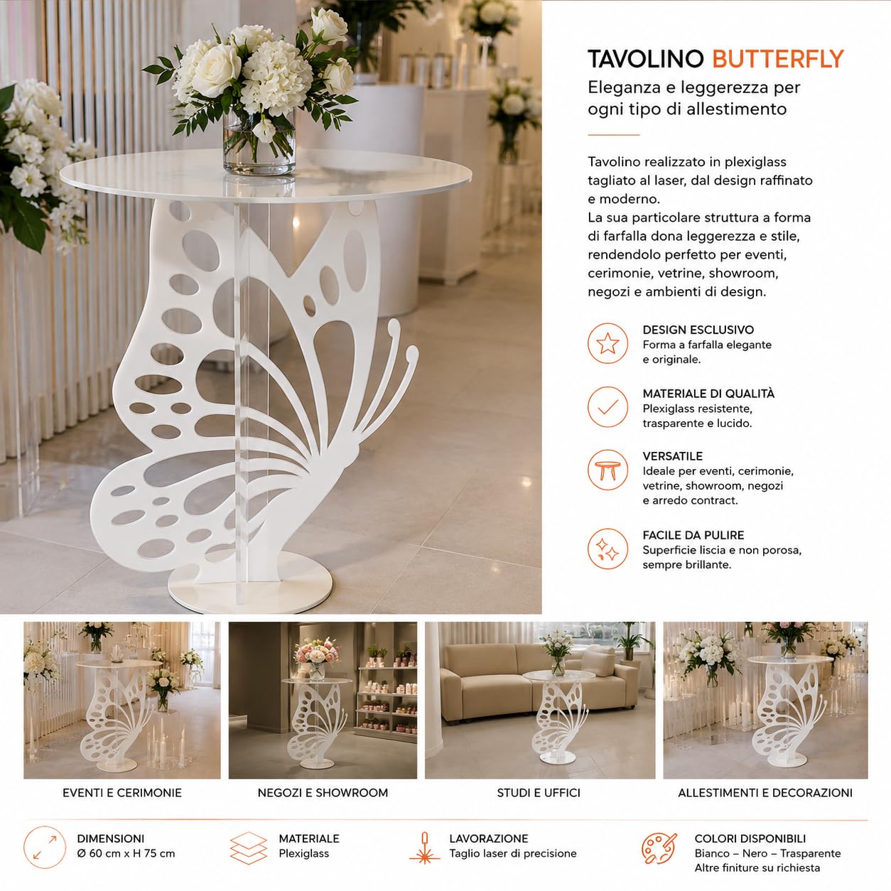 Carpe Diem Shop Alzata Butterfly, Tavolino in Plexiglass, Design a Farfalla, Bianco, Made in Italy, per Showroom ed Eventi, Wedding e Allestimenti