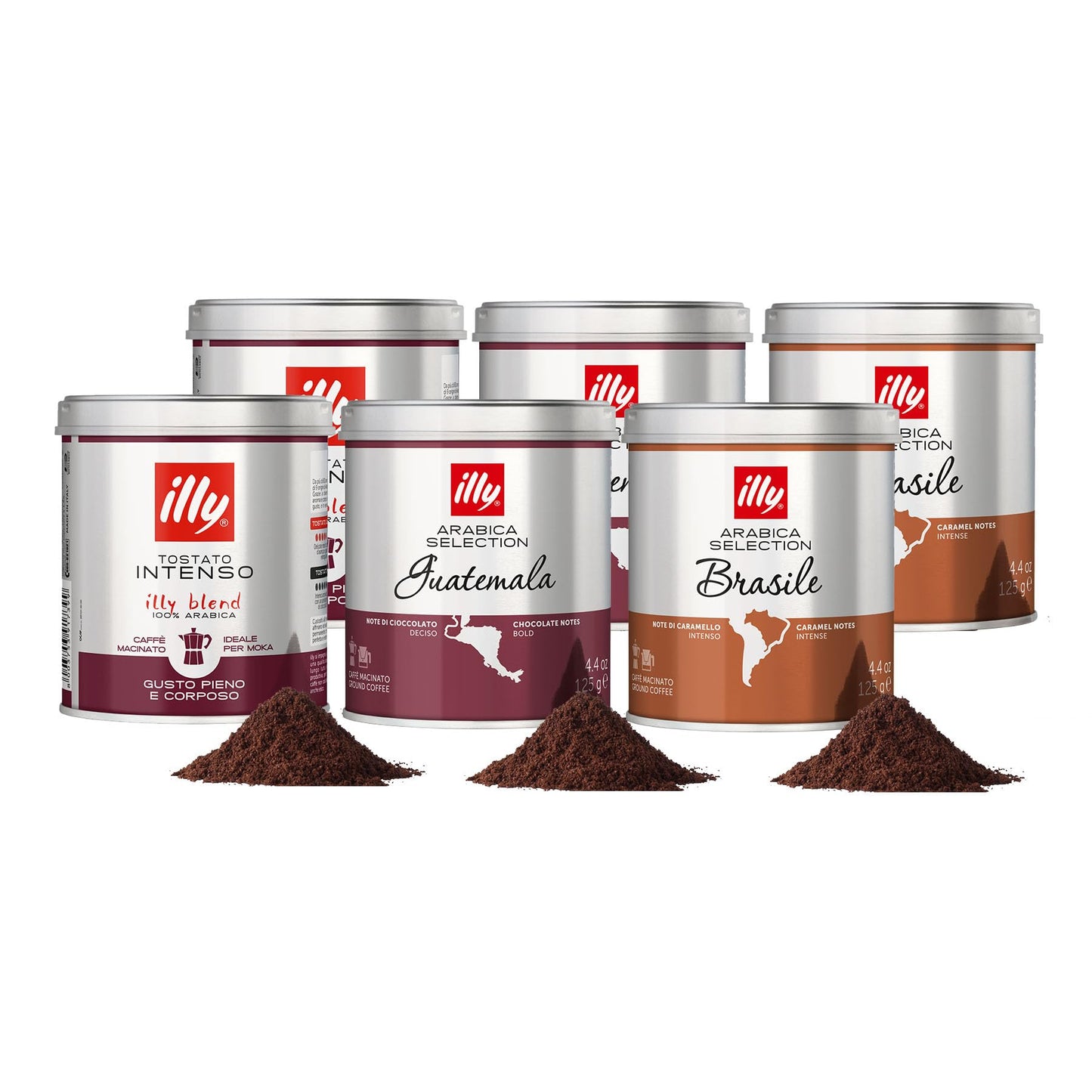 ILLY - 6 Barattoli da 125 Grammi di Caffè Macinato Assortite, Degustazione Monoarabilca Brasile, Guatemala, Intenso