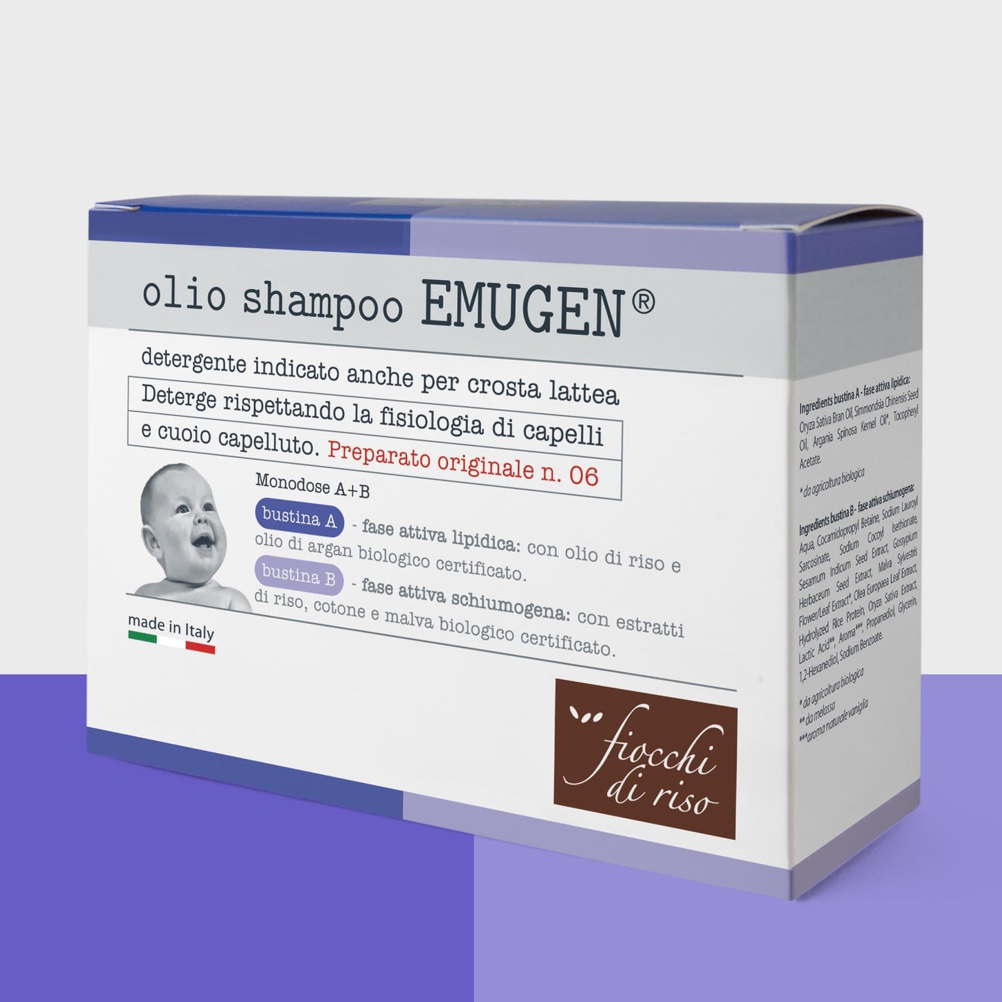Fiocchi di Riso - Olio Shampoo EMUGEN - 45ml - CROSTA LATTEA - Ideale per detergere in presenza di crosta lattea rispettando la fisiologia del cuoio capelluto. Pack riciclato