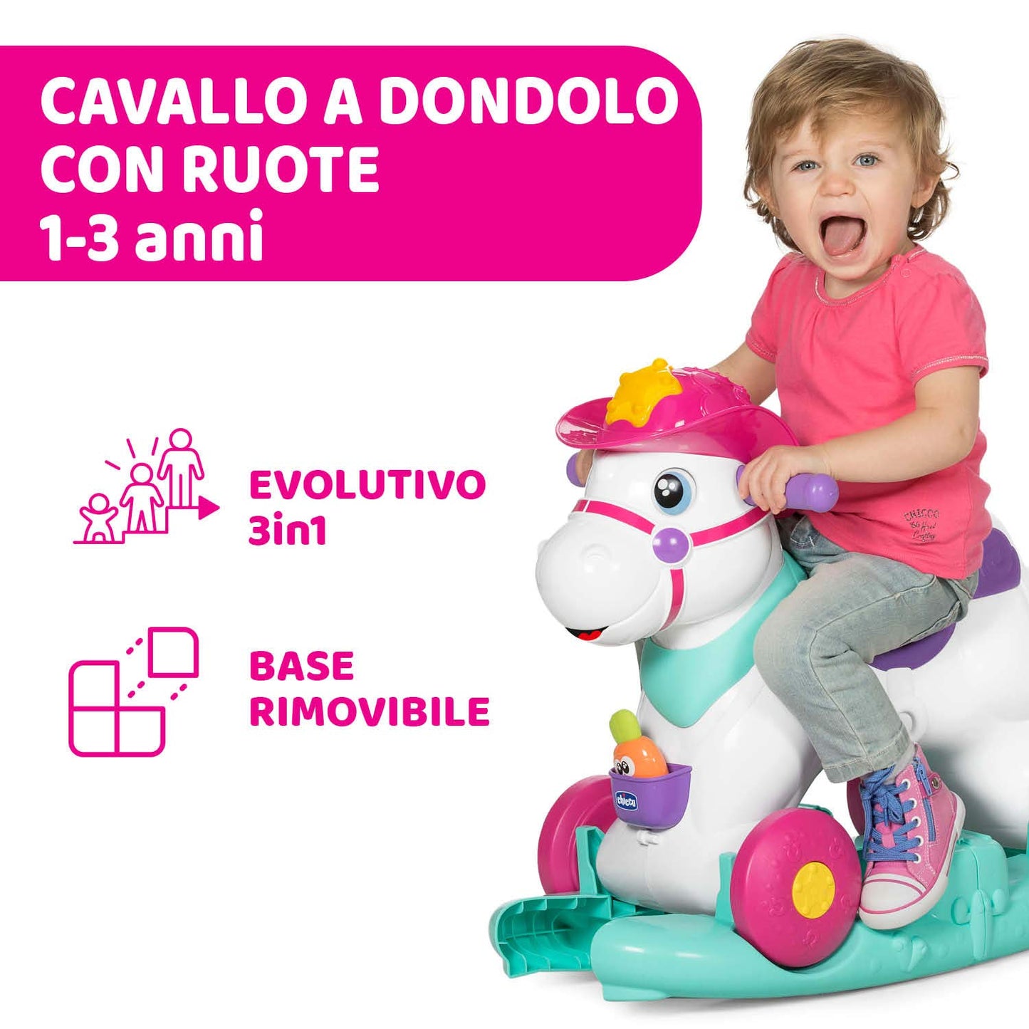 Chicco - Cavallo a Dondolo per Bambini Miss Baby Rodeo, Gioco Educativo e Interattivo, Cavallo Cavalcabile Bambina con Effetti Sonori, Max 25 kg, Giochi per Bambini 1-3 Anni, Made in Italy