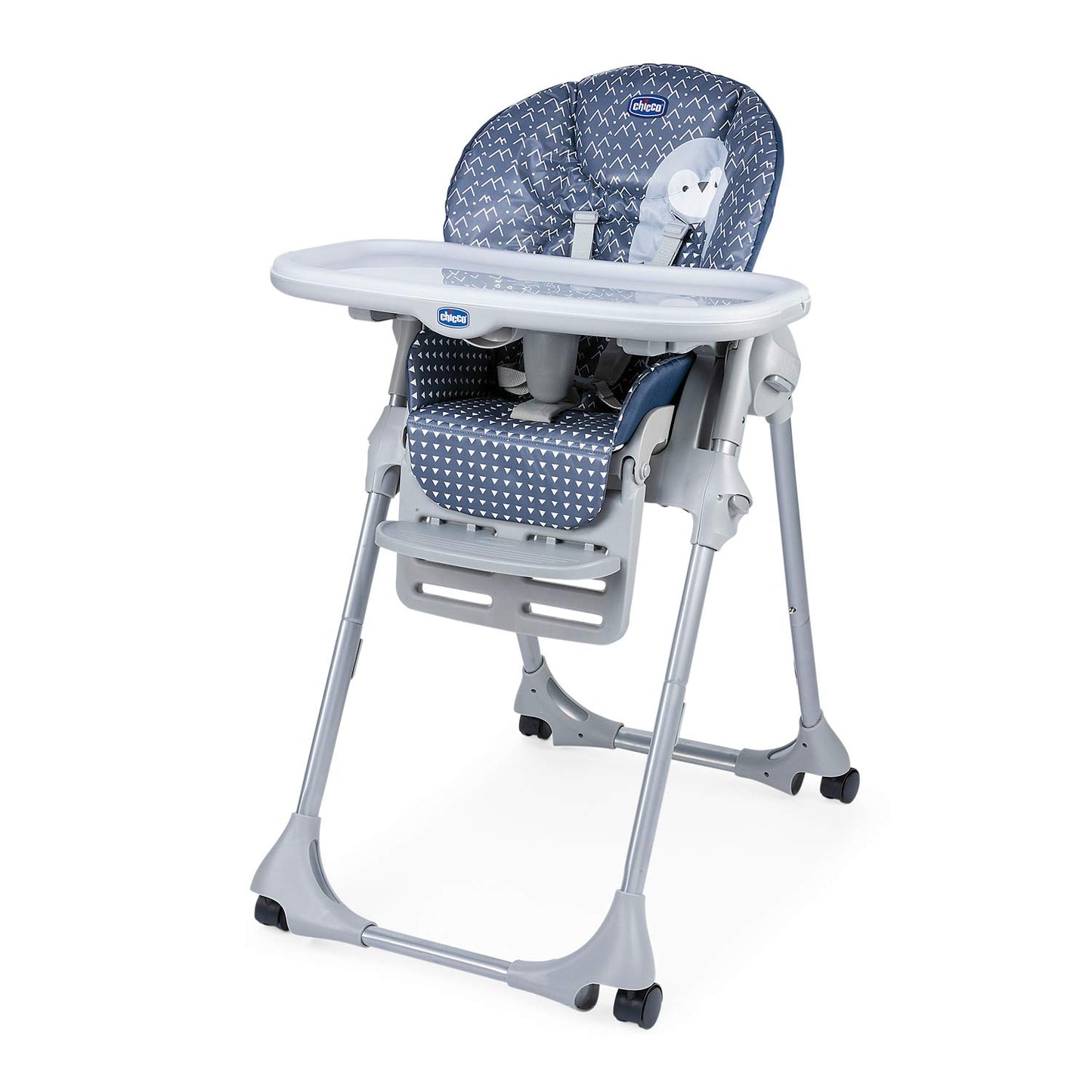 Polly Easy Evolutionary High Chair for Children from 6 Months to 3 Years (15 kg), Reclining High Chair with Adjustable Height and Footrest, 4 Wheels, Compact Folding - Pinguin, Blue