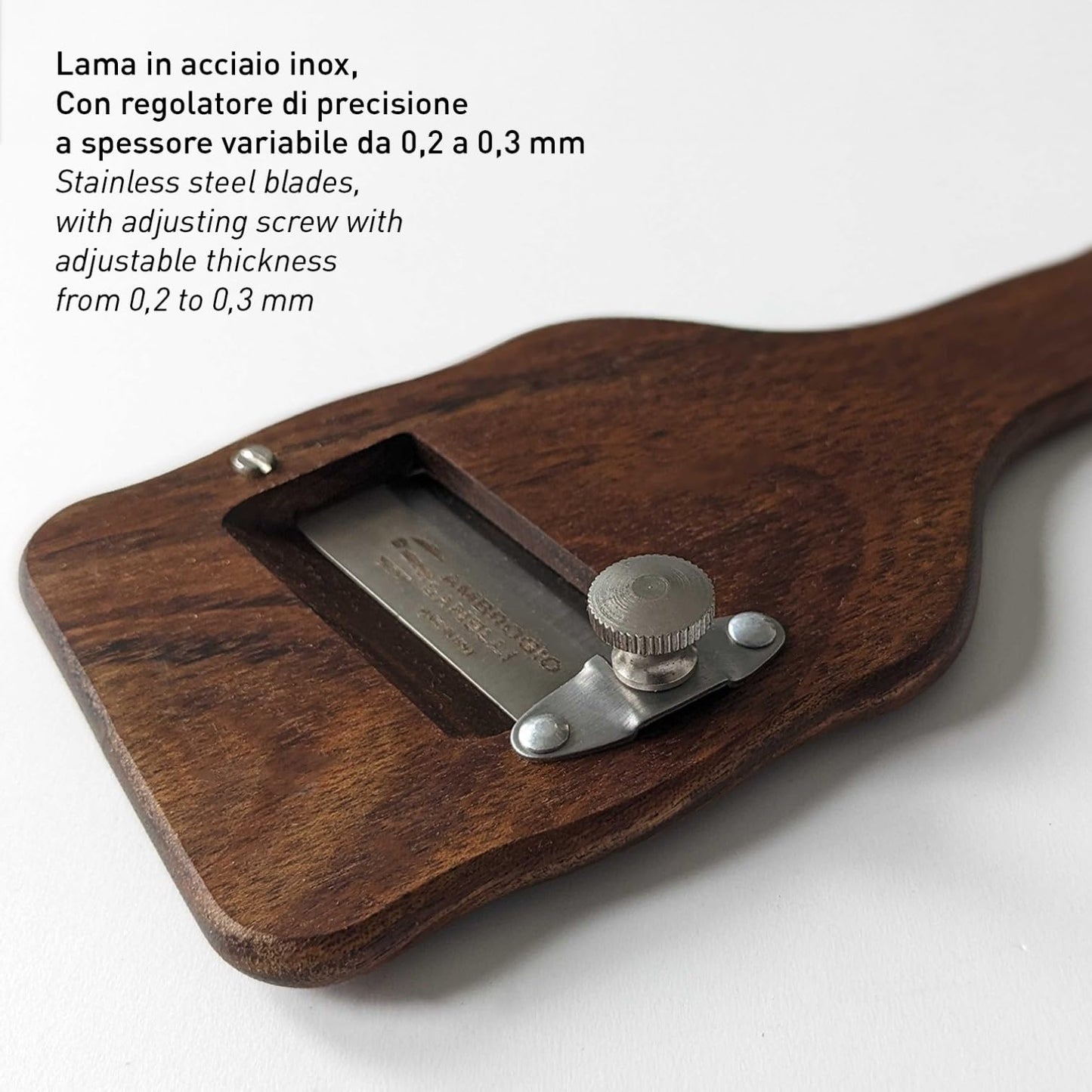 Ambrogio Sanelli - Linea Affettatartufi - Affettatartufi in Legno di Ovangkol. Manico Ergonomico ed Antiscivolo. Regolatore di qualità per un taglio preciso. Lama liscia, Acciaio Inox