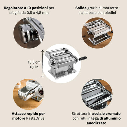 Marcato GS-PASTASET Macchina per Pasta Manuale con Inclusi Accessori per Ravioli e Spaghetti, Acciaio Cromato, Argento, 20,3x14x20,3 cm