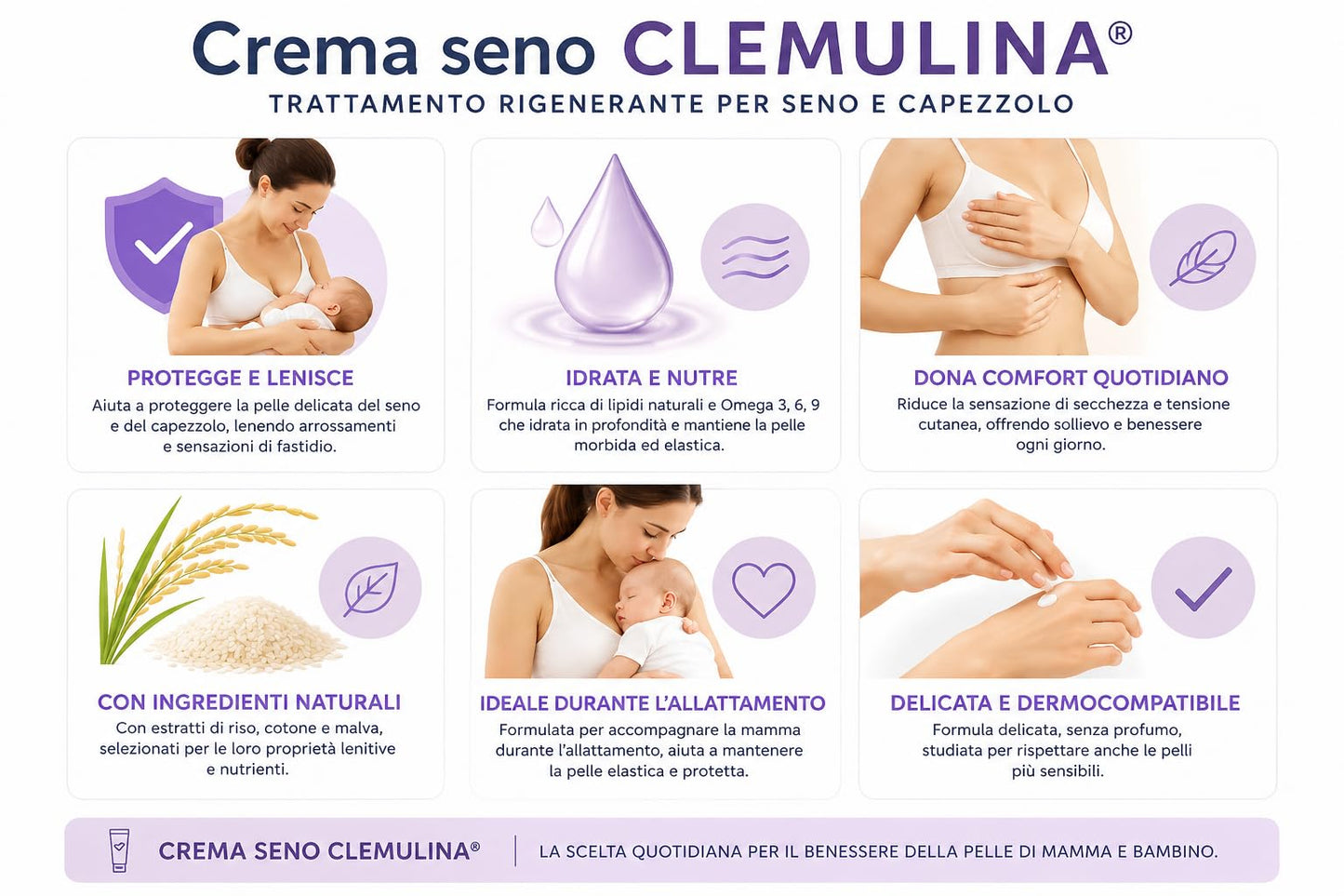Fiocchi di Riso CLEMULINA Crema Seno, 15ml, con Omega 3, 6, 9, Lenisce e Elasticizza, Previene Irritazioni, per Allattamento