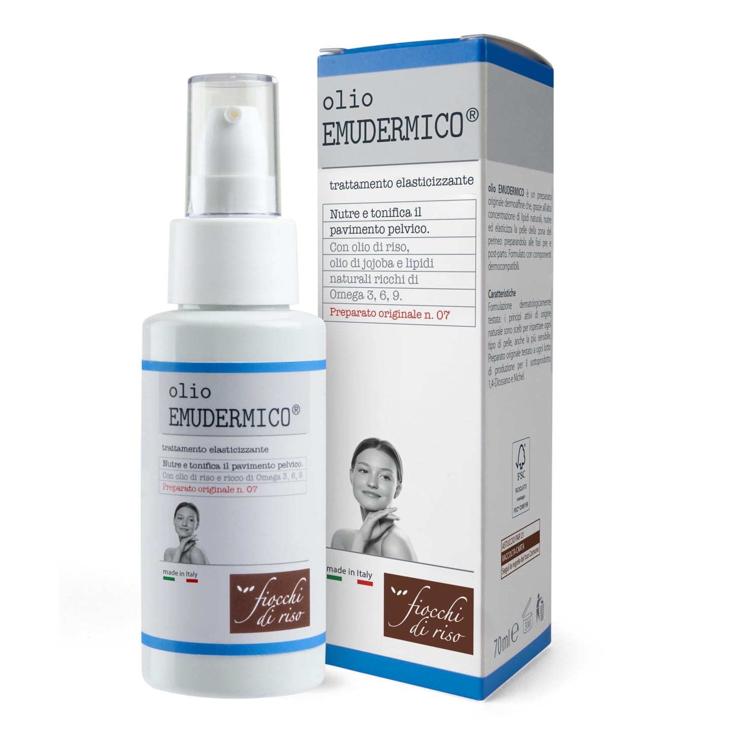 Fiocchi di Riso - Olio EMUDERMICO - 70ml - GRAVIDANZA - Nutre e tonifica la cute per il massaggio del perineo prima e dopo il parto. Pack riciclato