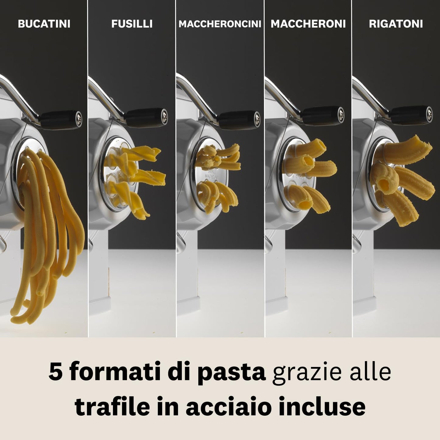 Marcato Macchina per la Pasta, Pasta Maker, Trafila per Pasta Fresca, Manuale, 5 Trafile Incluse, per Bucatini, Fusilli, Maccheroni, Maccheroncini, Rigatoni, Made in Italy. Modello: Regina