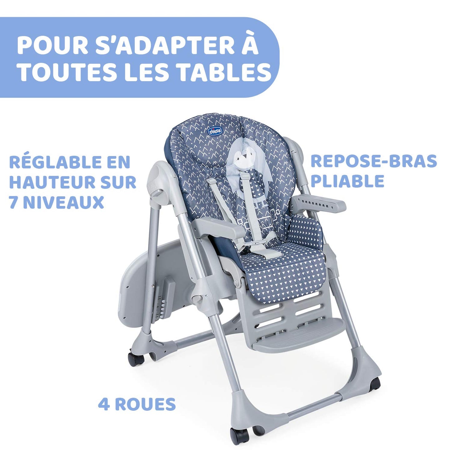 Polly Easy Evolutionary High Chair for Children from 6 Months to 3 Years (15 kg), Reclining High Chair with Adjustable Height and Footrest, 4 Wheels, Compact Folding - Pinguin, Blue