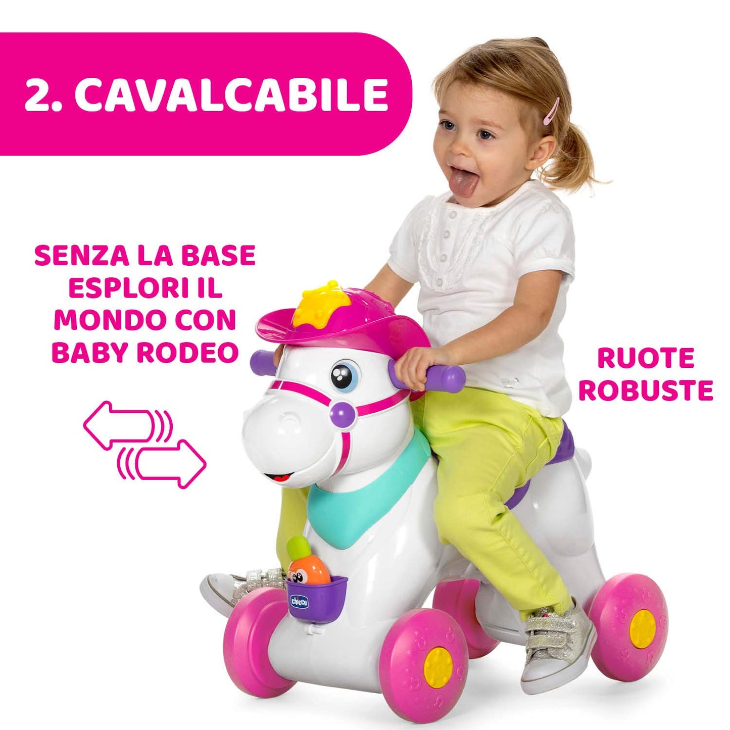 Chicco - Cavallo a Dondolo per Bambini Miss Baby Rodeo, Gioco Educativo e Interattivo, Cavallo Cavalcabile Bambina con Effetti Sonori, Max 25 kg, Giochi per Bambini 1-3 Anni, Made in Italy