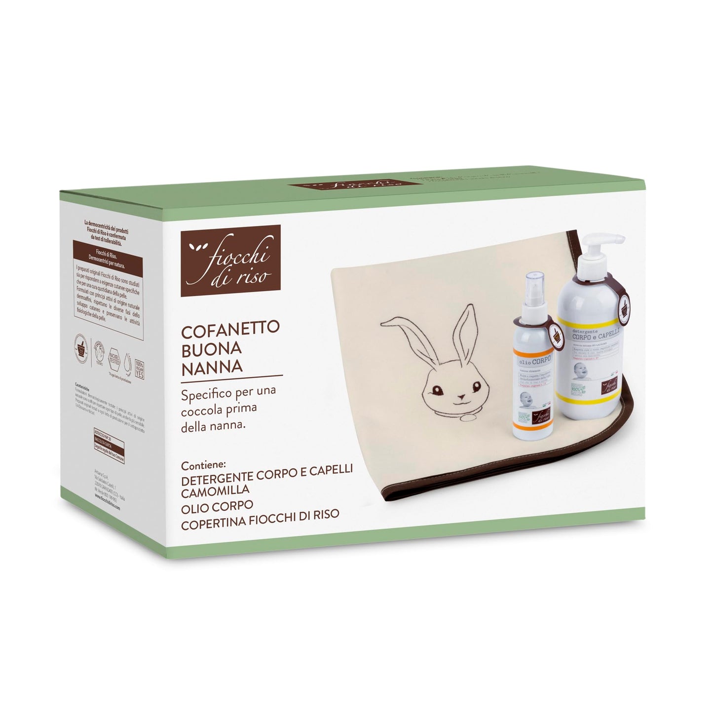 Fiocchi di Riso - COFANETTO BUONA NANNA - Kit per una coccola coi fiocchi - Detergente Corpo e Capelli Camomilla, Olio Corpo, Copertina - IDEA REGALO
