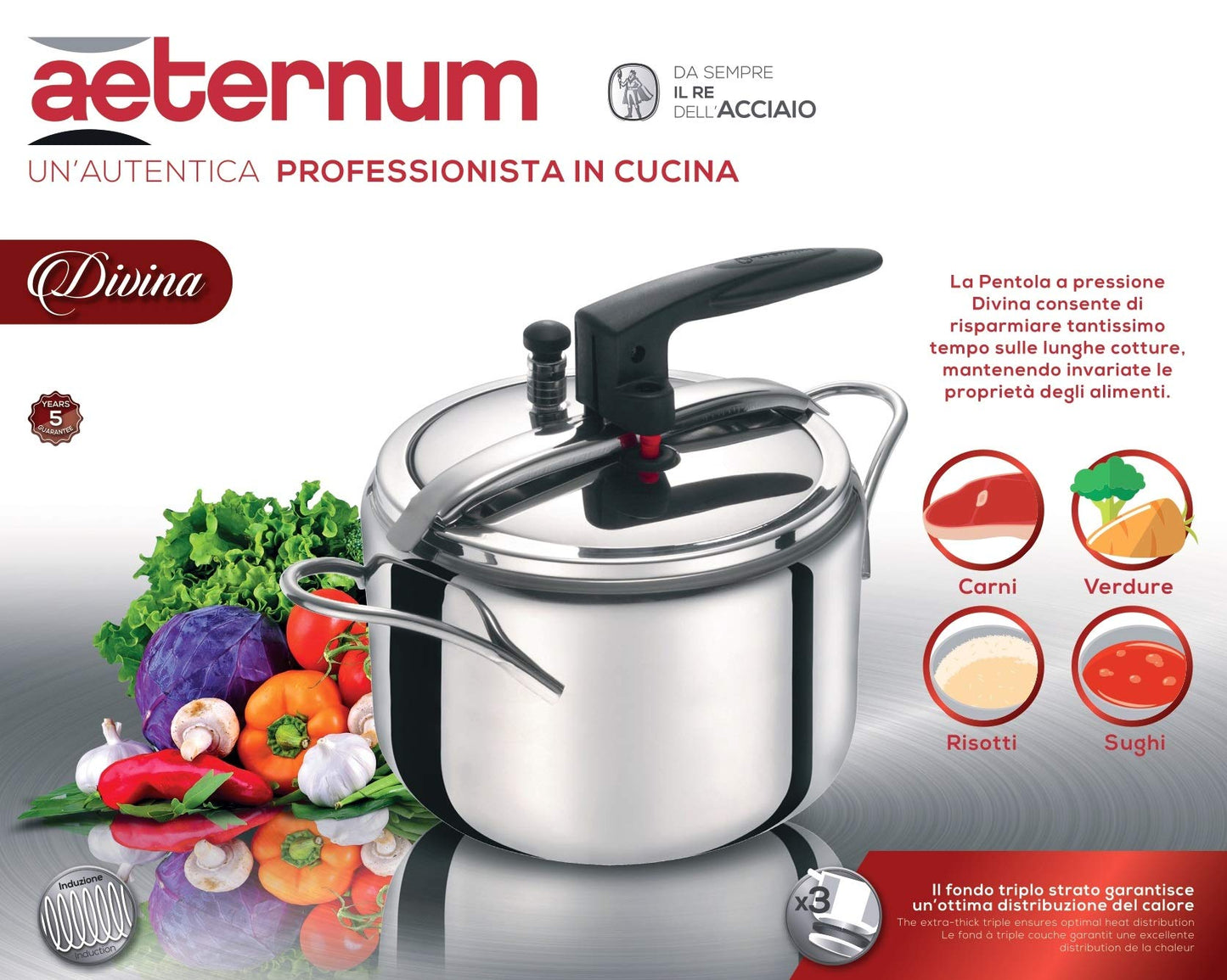 Aeternum Divina, Pentola a Pressione da 7 Litri con Valvola di Sicurezza, Acciaio Inox, Adatta all'induzione, 18/10, Antracite