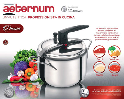 Aeternum Divina, Pentola a Pressione da 7 Litri con Valvola di Sicurezza, Acciaio Inox, Adatta all'induzione, 18/10, Antracite
