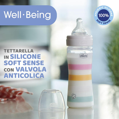 Medium Flow Wellbeing Bottle, with Physio Teat in Soft Silicone and Soft Sense Finish, Anti-Colic, Reduces Regurgitation and Irritability, 250 ml Plastic Bottle, 2 Months+, Girl