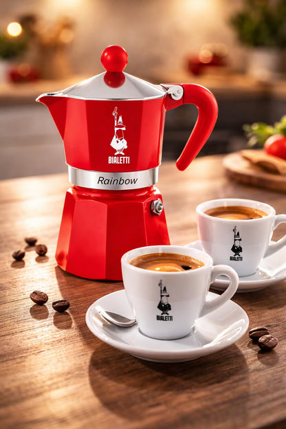 Bialetti Moka Rainbow Caffettiera 3 Tazze, Rossa, Alluminio, Preparazione Caffè Espresso, Design Classico, Manuale, 130ml