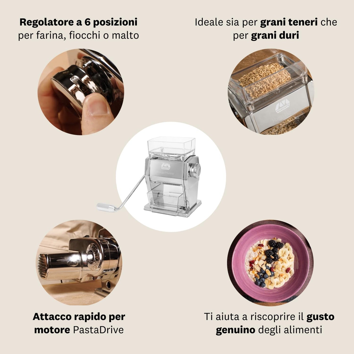 Marcato Mulino per Cereali, Macina Cereali, Macchina per Farina Fatta in Casa, in Acciao e Alluminio, 6 Posizioni di Macinatura, 2 Finiture per Fiocchi o Farina, Made in italy. Modello: Marga Mulino