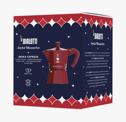 Bialetti Moka Express Natale 2025, Caffettiera Rossa 1 Tazza, Edizione Speciale Joyful Memories, 60ml in Alluminio