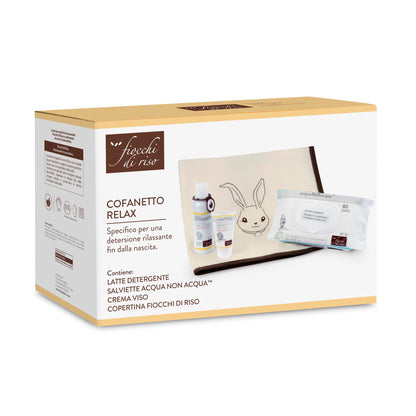 Fiocchi di Riso - COFANETTO RELAX - Kit per una detersione coi fiocchi - Latte Detergente, Crema Viso, salviette Acqua NON Acqua, Copertina- IDEA REGALO
