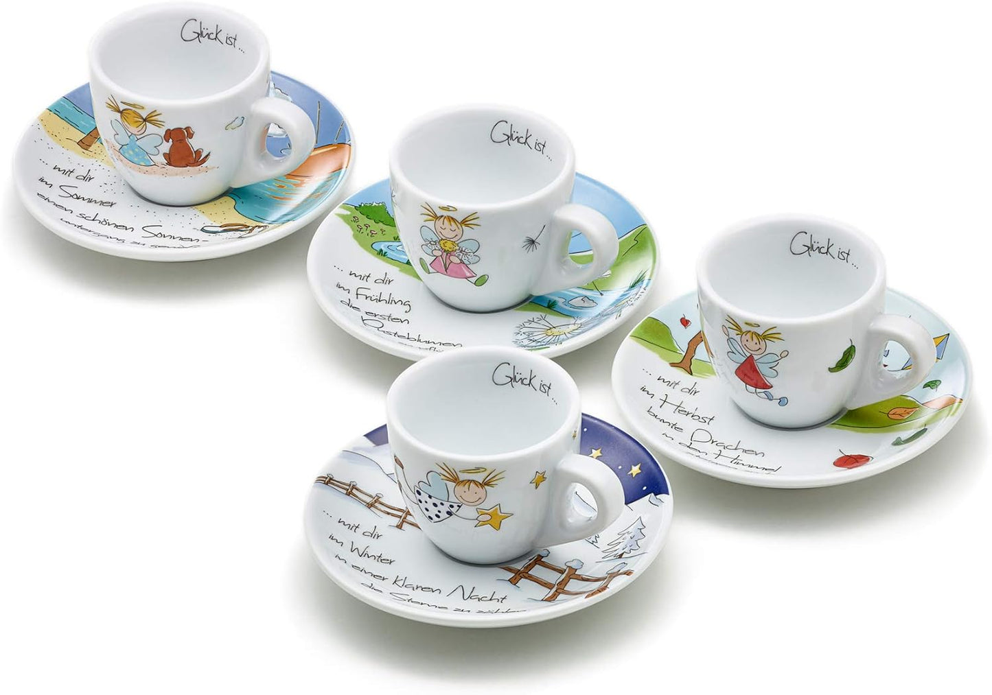 Set di 4 tazzine da caffè con pareti spesse, Art Collection Design "Quattro stagioni", idea regalo di Heaven and Angels, tazzine per caffè espresso con angeli, colorate