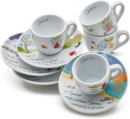Set di 4 tazzine da caffè con pareti spesse, Art Collection Design "Quattro stagioni", idea regalo di Heaven and Angels, tazzine per caffè espresso con angeli, colorate