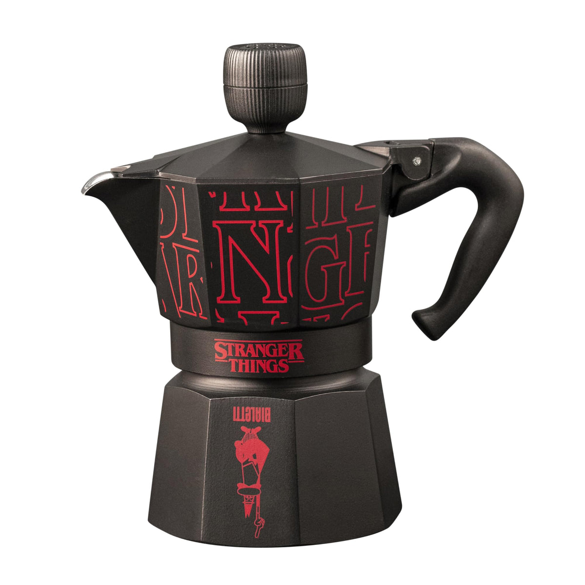 Bialetti Moka Express Stranger Things 3 Tazze, Pomolo Musicale con ricarica USB C, Non adatta ad induzione, 3 Tazze (130ml), Nero