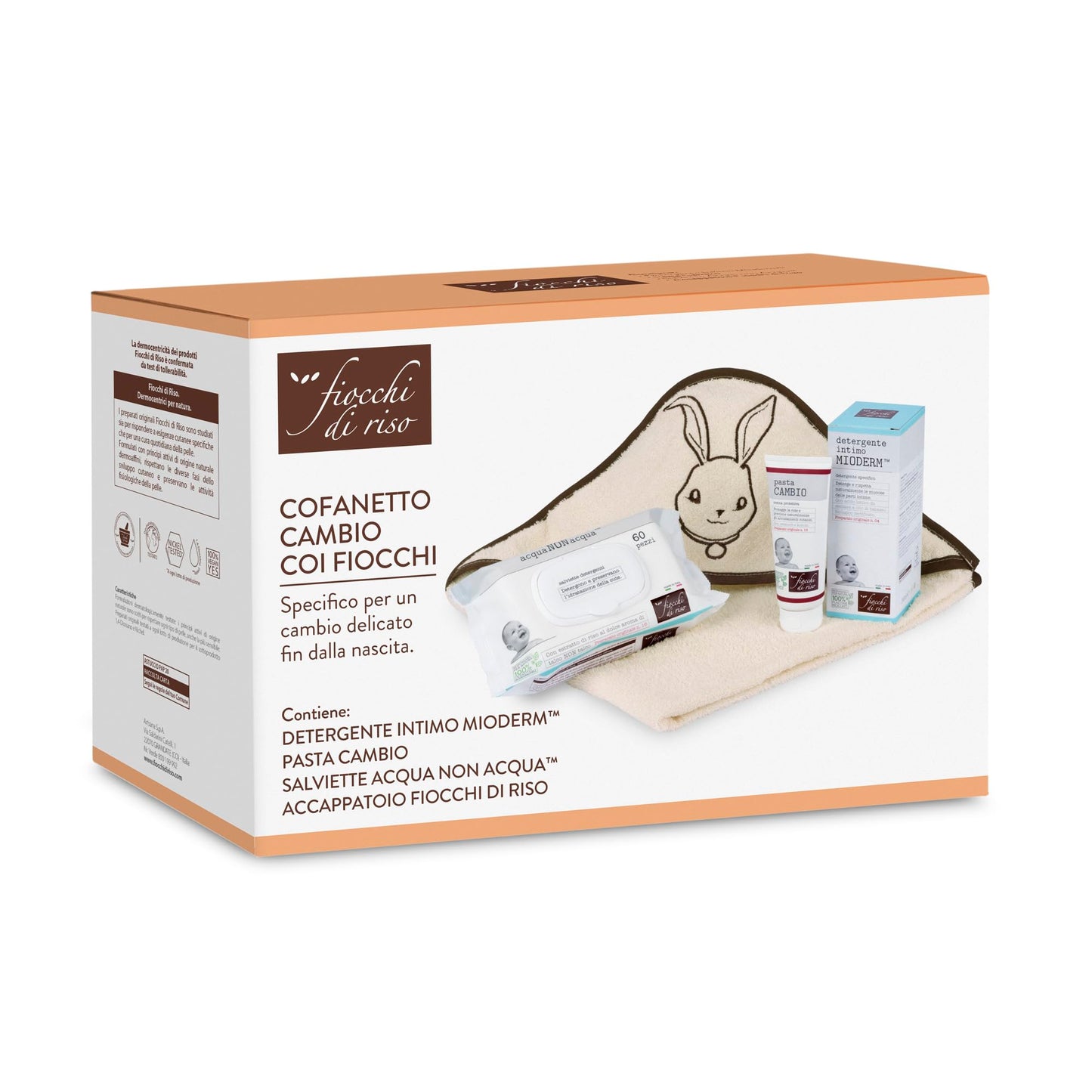 Fiocchi di Riso - COFANETTO CAMBIO COI FIOCCHI - Kit per un cambio pannolino coi fiocchi - Salviette Acqua NON Acqua, Pasta Cambio, Detergente Intimo Mioderm - IDEA REGALO