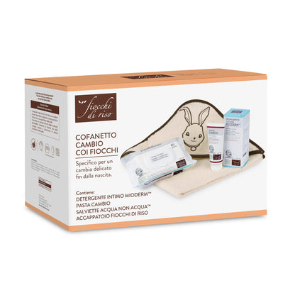 Fiocchi di Riso - COFANETTO CAMBIO COI FIOCCHI - Kit per un cambio pannolino coi fiocchi - Salviette Acqua NON Acqua, Pasta Cambio, Detergente Intimo Mioderm - IDEA REGALO