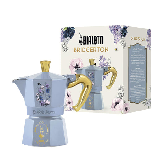 Bialetti Moka Express Bridgerton 3 Tazze, Manico anti scottatura, Non adatta ad induzione, 3 Tazze (130ml), Alluminio