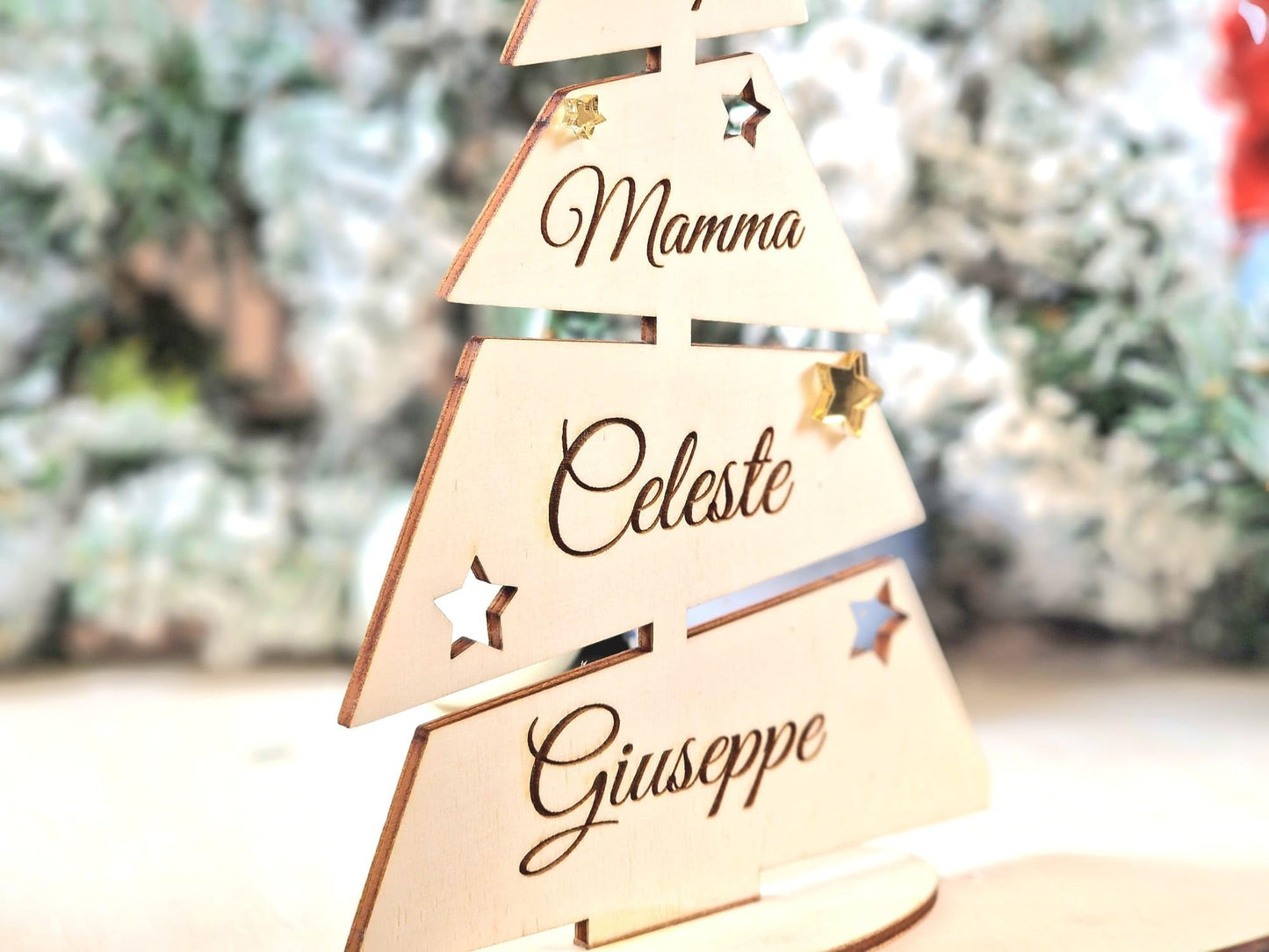 Albero di Natale Personalizzato 25cm | Alberello in Legno Personalizzabile con Nomi della Famiglia o Testo inciso al Laser