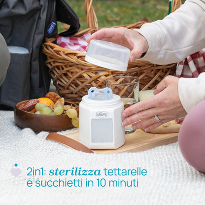 Chicco Scaldabiberon Portatile Multifunzione con Sterilizzatore, Autosterilizzante, Riscaldamento Rapido Latte e Sterilizzazione Ciucci, Batteria USB-C, 7 Adattatori Inclusi, Chicco e Altri,Senza Fili