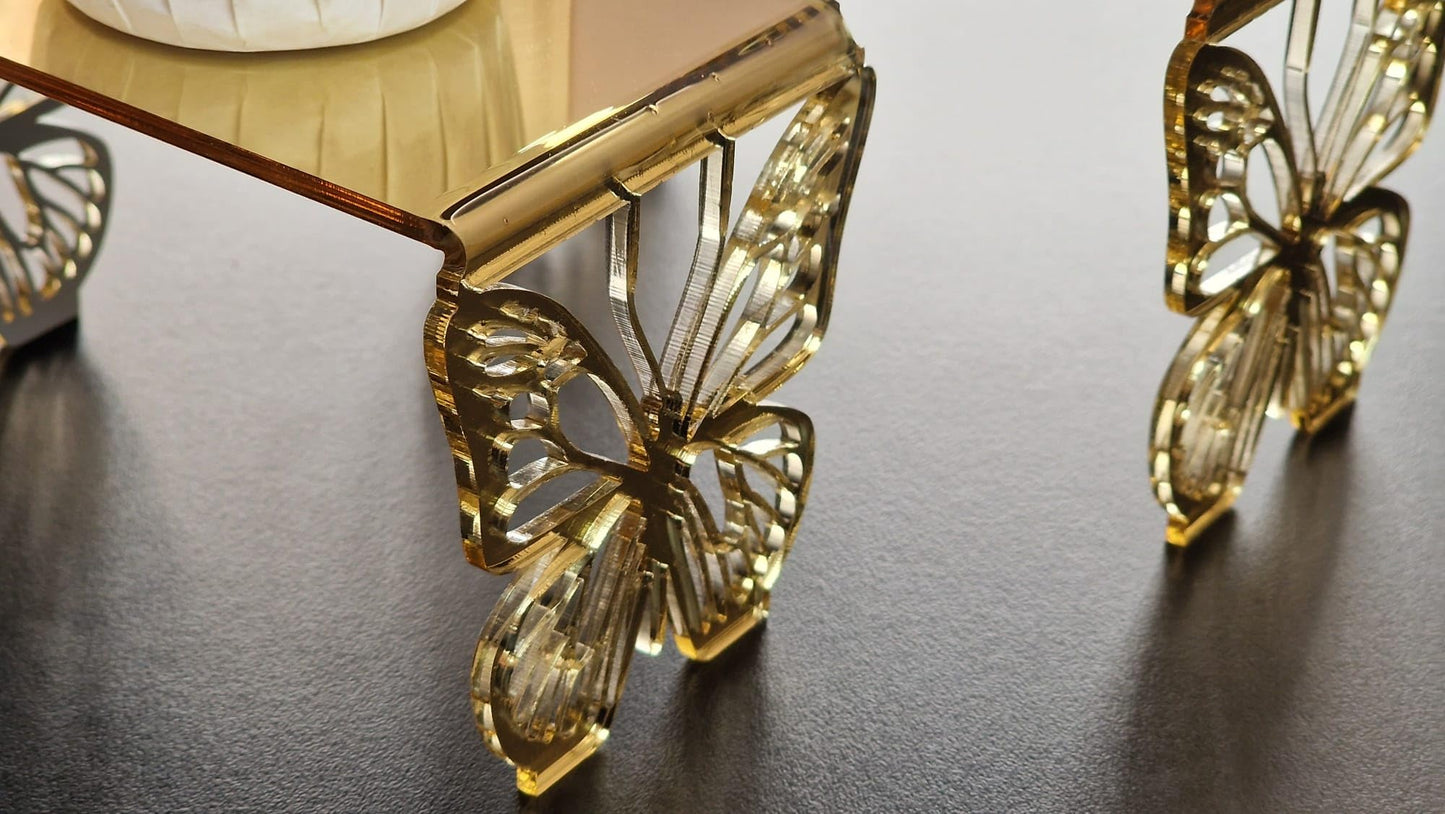 Set di 3 Alzatine Decorative con Farfalle, Base in Plexiglass Dorato o Trasparente, per Catering ed Esposizione | Alzate Originali per Eventi, Wedding, Comunione (Oro Specchiato)