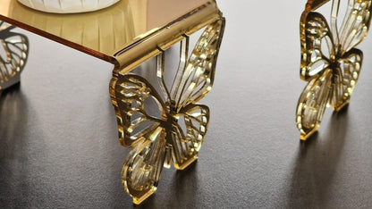 Set di 3 Alzatine Decorative con Farfalle, Base in Plexiglass Dorato o Trasparente, per Catering ed Esposizione | Alzate Originali per Eventi, Wedding, Comunione (Oro Specchiato)