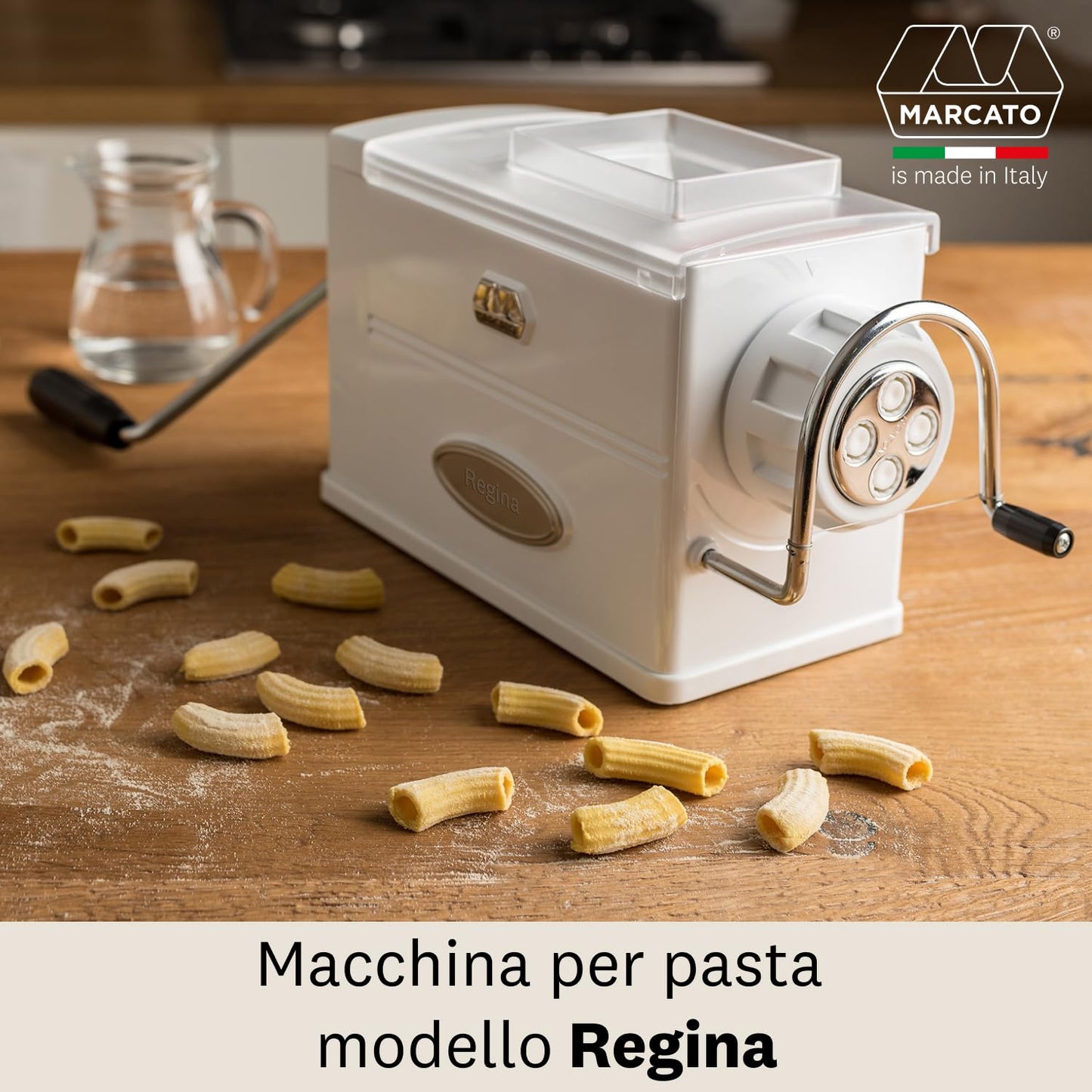 Marcato Macchina per la Pasta, Pasta Maker, Trafila per Pasta Fresca, Manuale, 5 Trafile Incluse, per Bucatini, Fusilli, Maccheroni, Maccheroncini, Rigatoni, Made in Italy. Modello: Regina