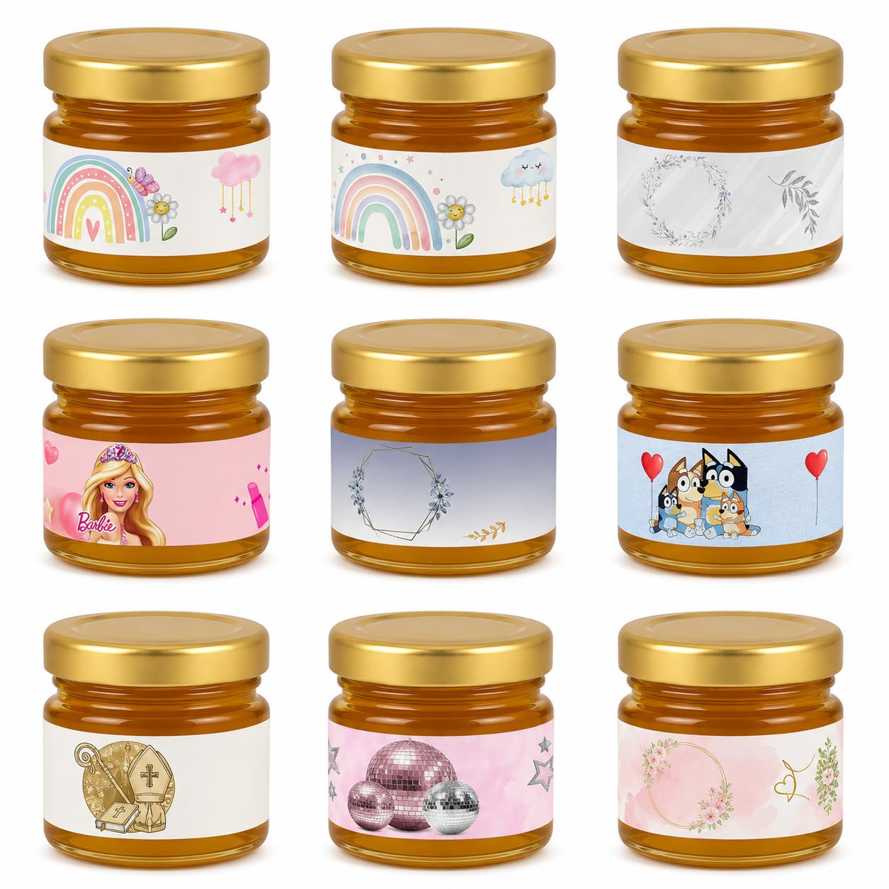10 Mini Vasetto di Miele Personalizzato Segnaposto con Spargimiele non apllicato, Bomboniera Elegante in Vetro 28 g, Segnaposto Personalizzato, Miele per Eventi, Etichetta Personalizzata, Bomboniera