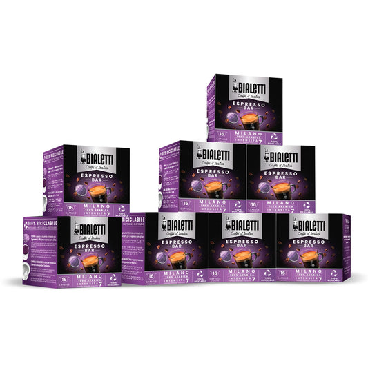 Bialetti Caffè d'Italia, Multipack 128 Capsule, 8 Box da 16 Capsule, Milano, Intensità 7, Compatibili con Macchine Bialetti sistema chiuso, 100% Alluminio