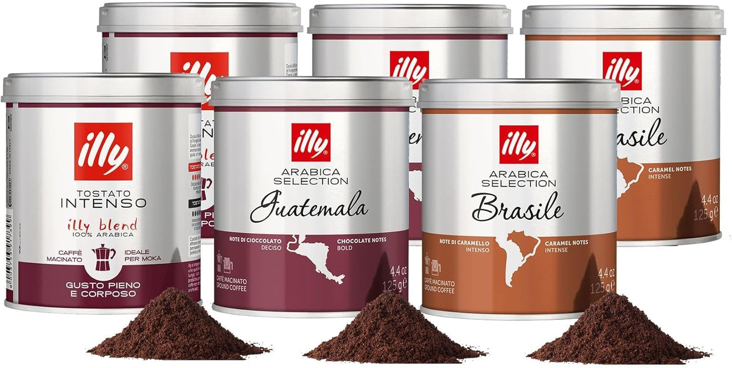 ILLY - 6 Barattoli da 125 Grammi di Caffè Macinato Assortite, Degustazione Monoarabilca Brasile, Guatemala, Intenso