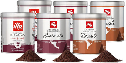 ILLY - 6 Barattoli da 125 Grammi di Caffè Macinato Assortite, Degustazione Monoarabilca Brasile, Guatemala, Intenso