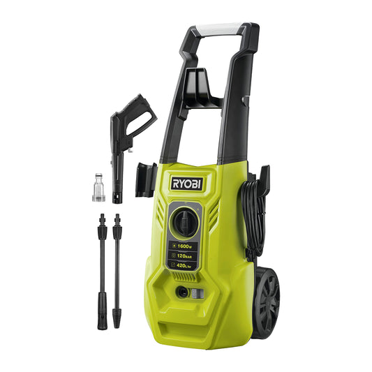 Ryobi RY120PWA, Idropulitrice 1600W 120 bar, Leggera e Compatta, con Maniglia per il Trasporto, Portata Massima di 420 L/h, 1600W