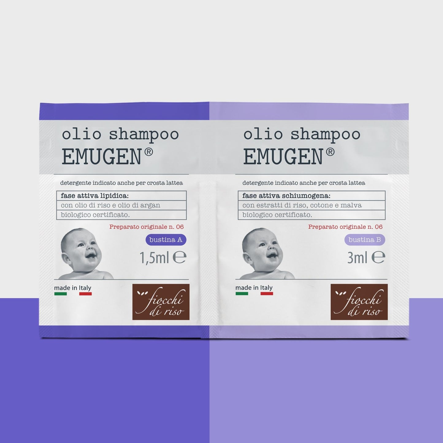 Fiocchi di Riso - Olio Shampoo EMUGEN - 45ml - CROSTA LATTEA - Ideale per detergere in presenza di crosta lattea rispettando la fisiologia del cuoio capelluto. Pack riciclato