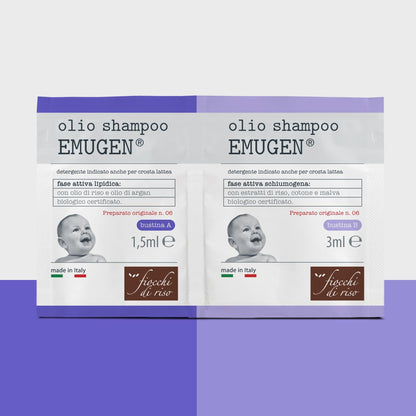 Fiocchi di Riso - Olio Shampoo EMUGEN - 45ml - CROSTA LATTEA - Ideale per detergere in presenza di crosta lattea rispettando la fisiologia del cuoio capelluto. Pack riciclato