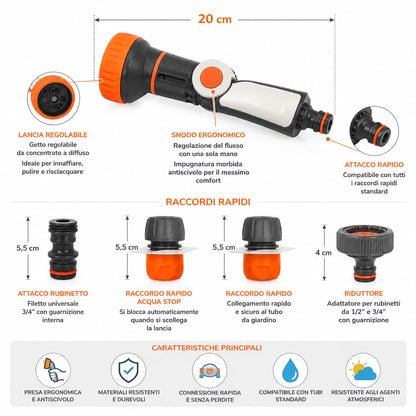 Kit Irrigazione con Lancia Regolabile e Raccordi 3/4, Sgancio Rapido, Adatto a Tubi 12-15mm, Adattatore 1/2" e 3/4", 4 Pezzi Inclusi, Spruzzo Regolabile