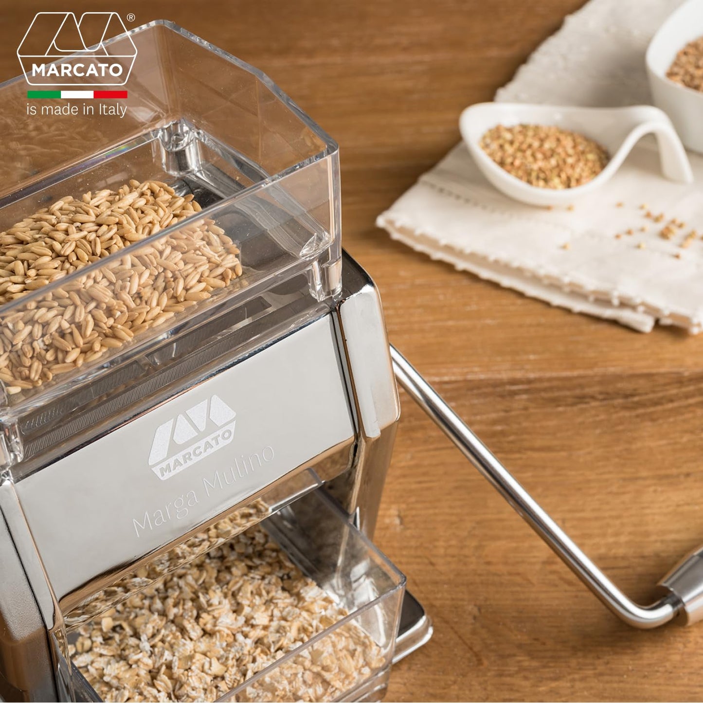 Marcato Mulino per Cereali, Macina Cereali, Macchina per Farina Fatta in Casa, in Acciao e Alluminio, 6 Posizioni di Macinatura, 2 Finiture per Fiocchi o Farina, Made in italy. Modello: Marga Mulino