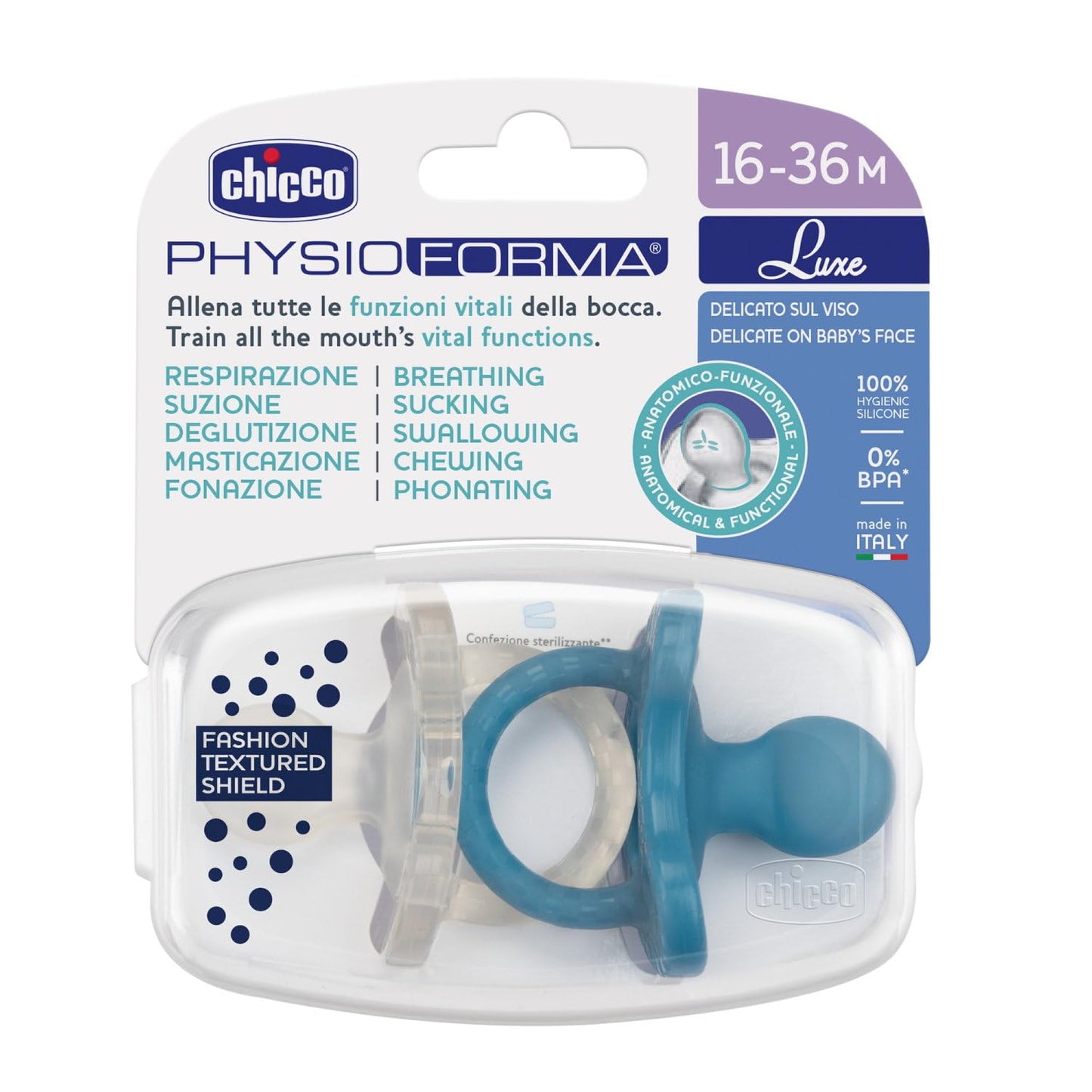 PhysioForma Gommotto Luxe, Silicone Pacifier 16 - 36 Months, Set of Soft and Delicate Rubbers, Support Physiological Breathing and Promote Correct Mouth Development, 2 Pieces, Baby