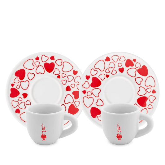Bialetti Y0TZ021 Set 2 Tazzine Moka Cuore (con Piattini), Porcellana, Red/White